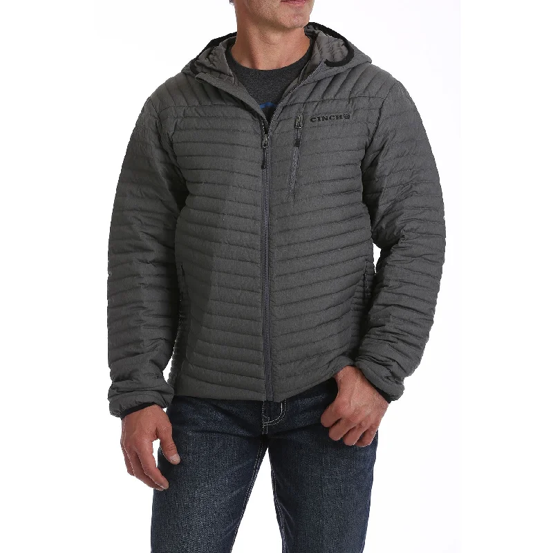 Cinch Men's Mid-Weight Heather Grey Down Hooded Jacket MWJ1507001 Vent Hem Cuff