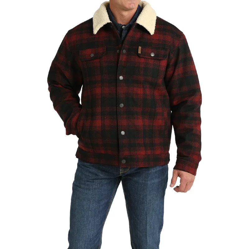 Cinch Men's Wooly Red Plaid Trucker Jacket MWJ1511009 Cuffed Rolled Raglan