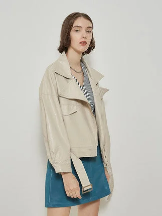 Circlofy women's short small jacket spring and autumn new loose casual tops biker leather jacket Longline Wool Coat