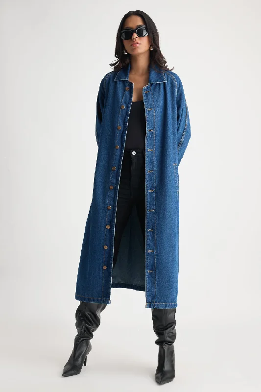 Bosslady Denim Trench Coat A-Line Jacket Boat Neck Shawl Collar