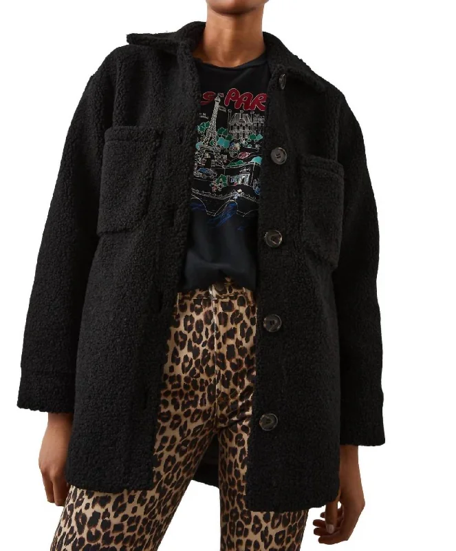 Connie Shirt Jacket In Black Teddy A-Line Jacket Boat Neck Shawl Collar