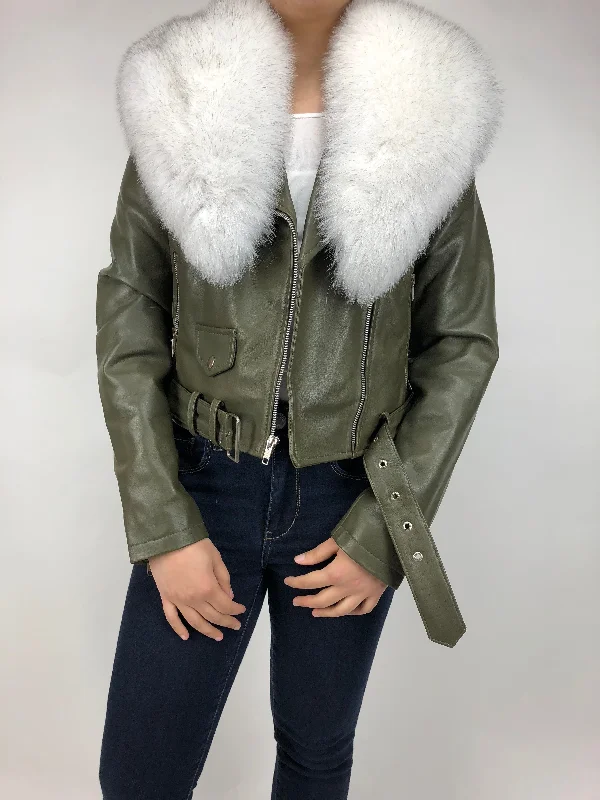 Women's Classic Biker Olive Green With Fox Collar [Slim Fit] Cotton Jacket Linen Jacket Terry Jacket