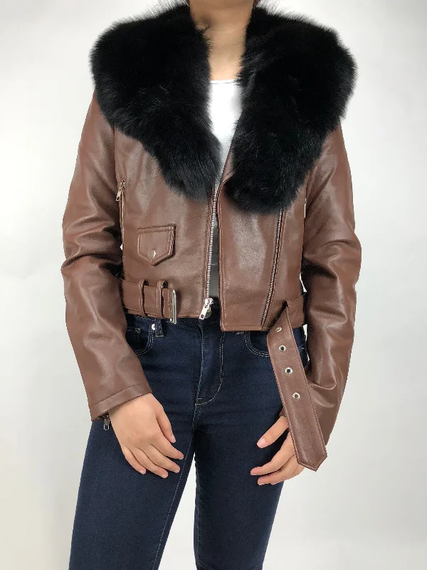 Women's Classic Biker Brown With Fox Collar Zippered Front Buttoned Front Snap Front