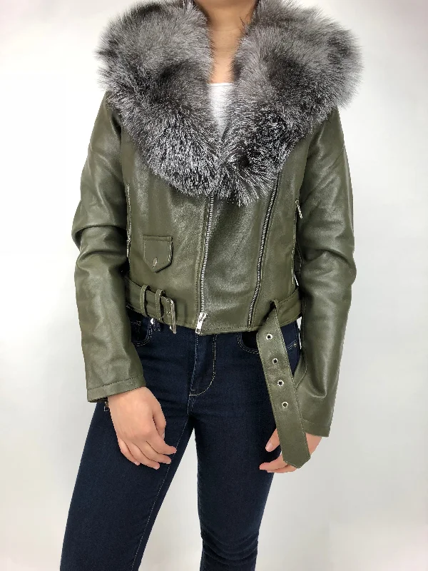 Women's Classic Biker Olive Green With Fox Collar [Slim Fit] Chenille Fabric Brocade Fabric Lace Fabric