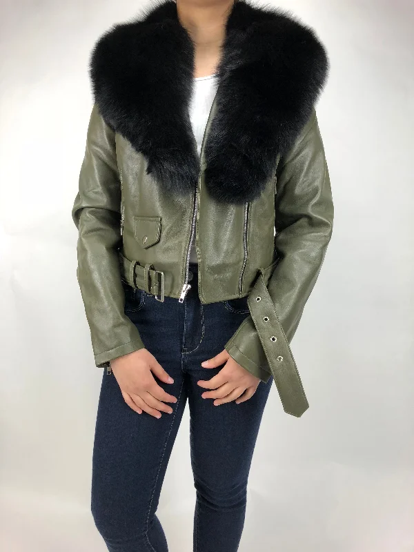 Women's Classic Biker Olive Green With Fox Collar [Slim Fit] Lace Jacket Ribbed Jacket Sequined Jacket