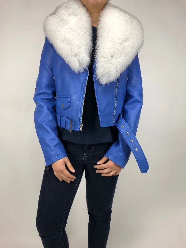 Women's Classic Biker Royal Blue With Fox Collar [SLIM FIT] Mesh Jacket Canvas Jacket Denim Jacket
