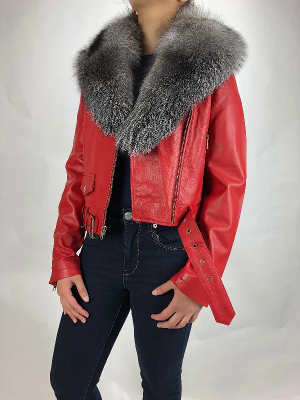 Women's Classic Biker Red With Fox Collar [SLIM FIT] Notch Collar Peter Pan Collar Cowl Neck