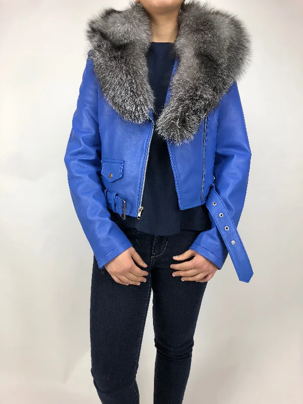 Women's Classic Biker Royal Blue With Fox Collar [ SLIM FIT ] Elasticated Jacket Padded Jacket Insulated Jacket