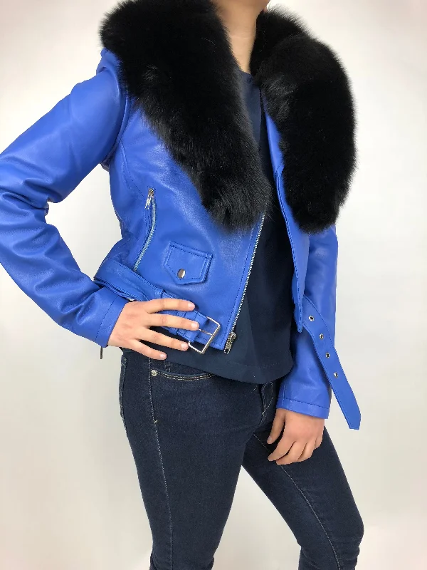 Women's Classic Biker Royal Blue With Fox Collar [ SLIM FIT ] Trench Coat Raincoat Waterproof Jacket