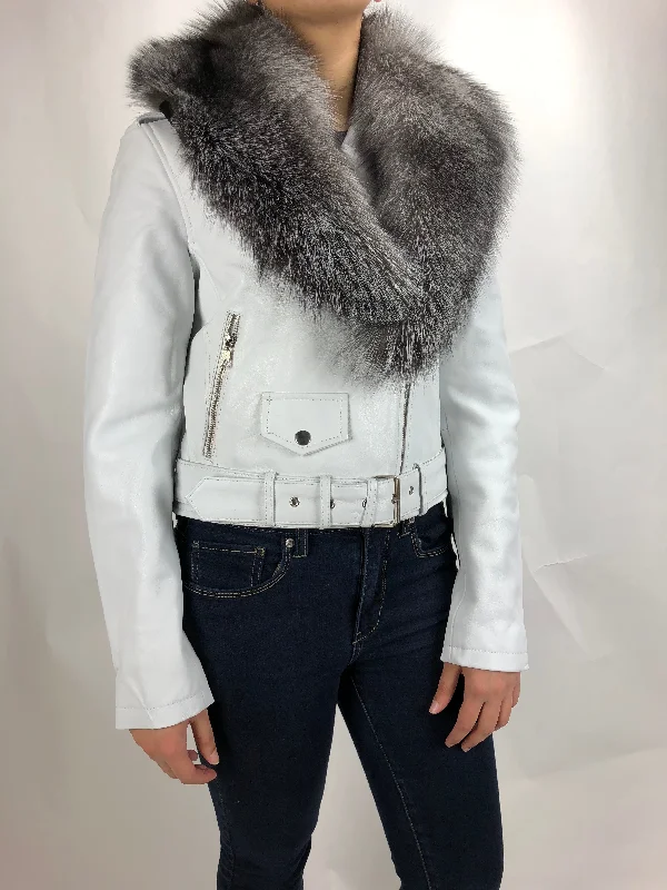 Women's Classic Biker White With Fox Collar [ SLIM FIT] Hoodie Zip-Up Jacket Button-Up Jacket
