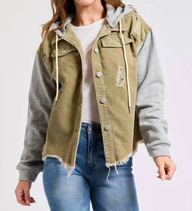 Corduroy Hooded Sweat Jacket In Light Olive Jacket Blazer Coat