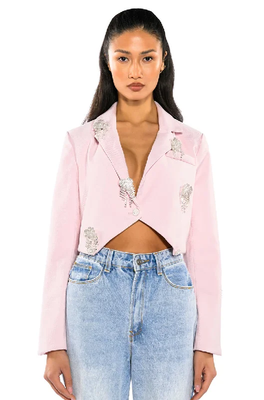 CROP PASTEL BLAZER WITH HEART PINS Striped Jacket Polka Dot Jacket Floral Jacket