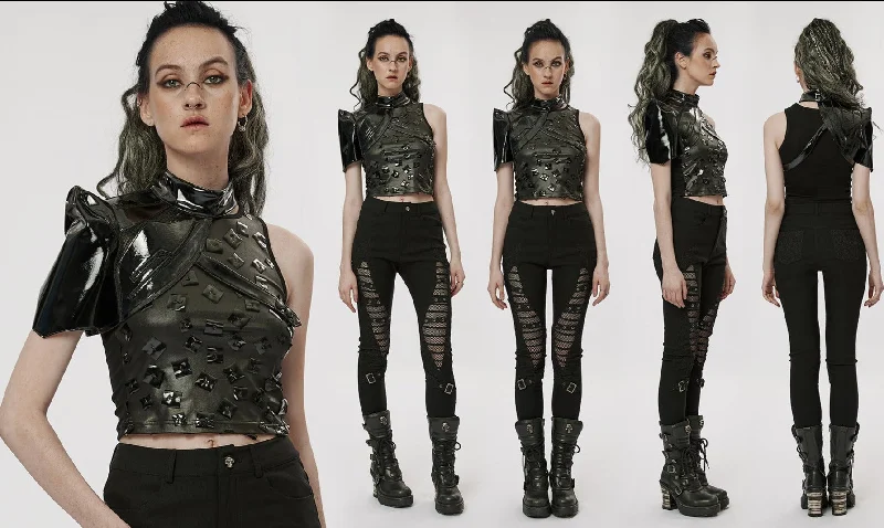 Cyberpunk One-Arm Short Sleeve Jacket Crop Tops Racerback Patent Leather Jacket Knit Jacket Woven Jacket Fleece Jacket