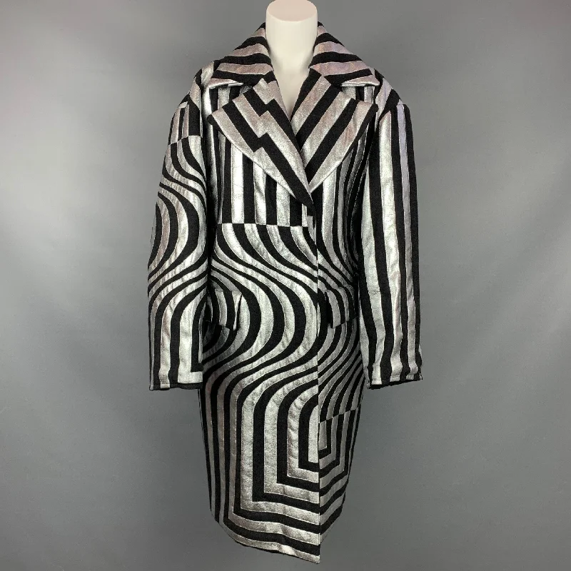 DRIES VAN NOTEN FW 14 Size S Black & Silver Stripe Wool Blend Oversized Double Breasted Coat Welt Pockets Slit Pockets Flap Pockets DRIES VAN NOTEN FW 14 Size S Black & Silver Stripe Wool Blend Oversized Double Breasted Coat Welt Pockets Slit Pockets Flap Pockets