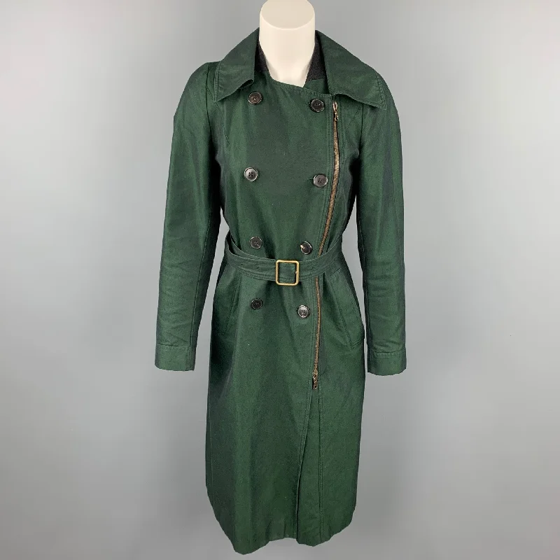 DRIES VAN NOTEN Size 8 Dark Green Cotton Double Breasted Belted Coat Suede Faux Fur Shearling DRIES VAN NOTEN Size 8 Dark Green Cotton Double Breasted Belted Coat Suede Faux Fur Shearling