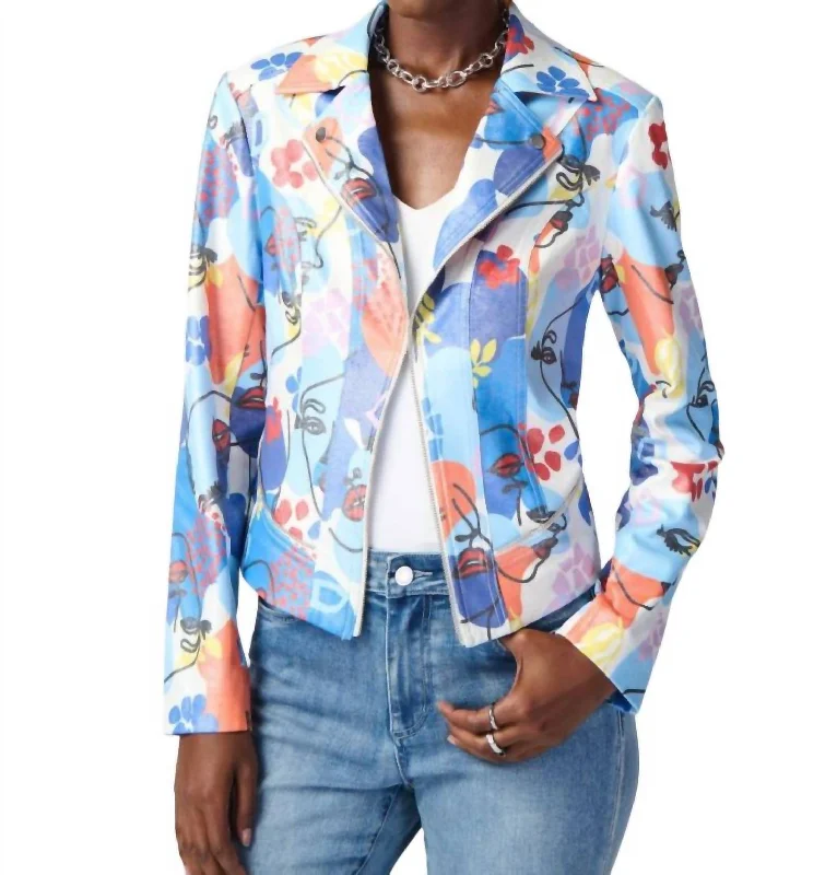 Face Graphic Faux Leather Jacket In Blue Multi Notch Collar Peter Pan Collar Cowl Neck Face Graphic Faux Leather Jacket In Blue Multi Notch Collar Peter Pan Collar Cowl Neck