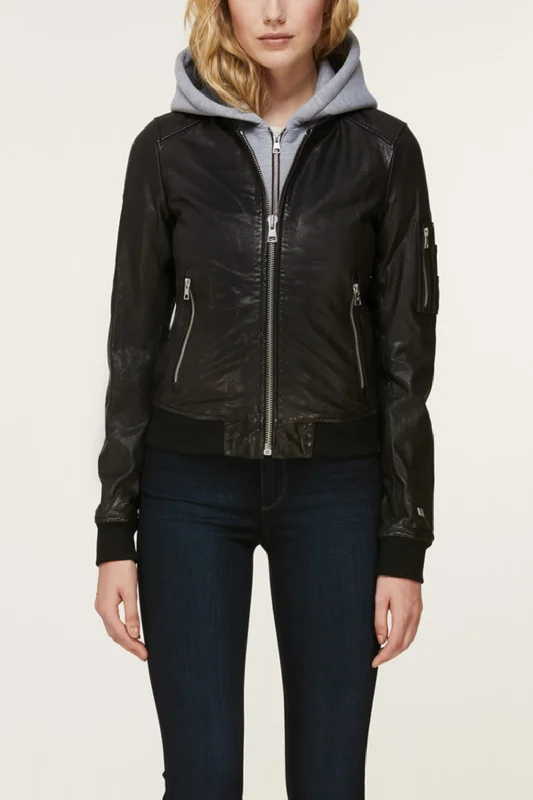 Farica Leather Bomber Jacket Draped Collar Cardigan
