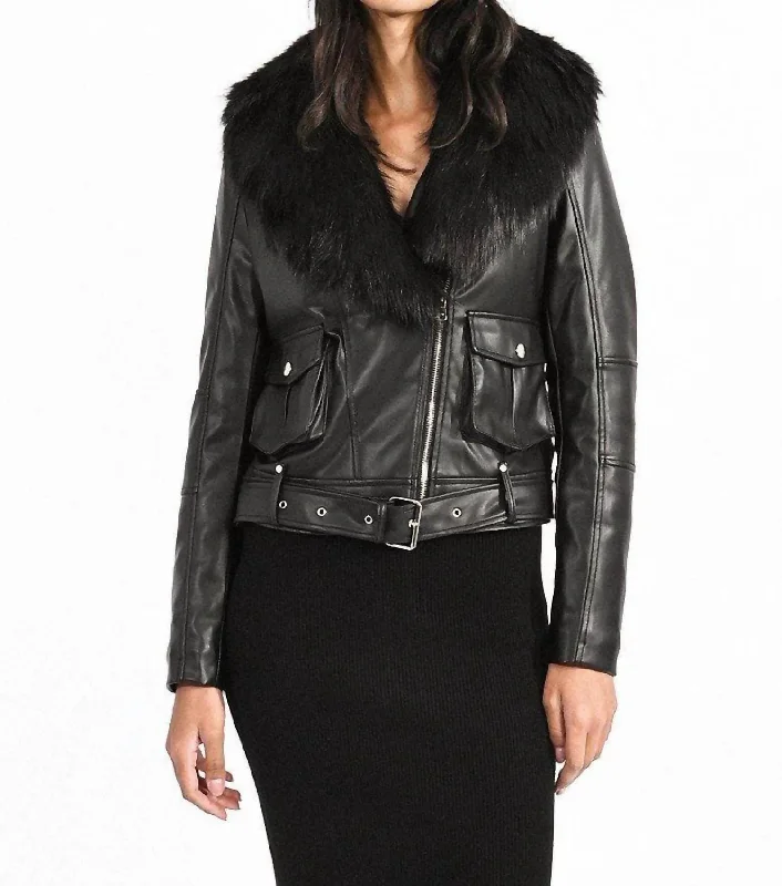 Faux Leather Moto Jacket With Faux Fur Collar In Black Faux Fur Jacket Real Fur Jacket Shearling Jacket
