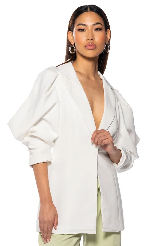 FLARE COLD SHOULDER BLAZER IN WHITE Satin Jacket Silk Jacket Chiffon Jacket