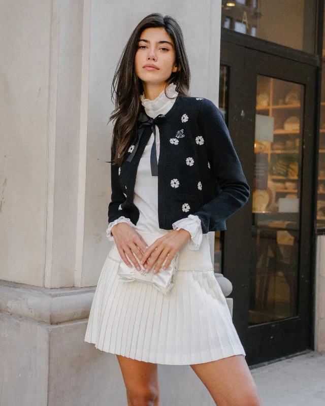 Flower Jacquard Open Ribbon Cardigan - Black Cropped Fleece Jacket