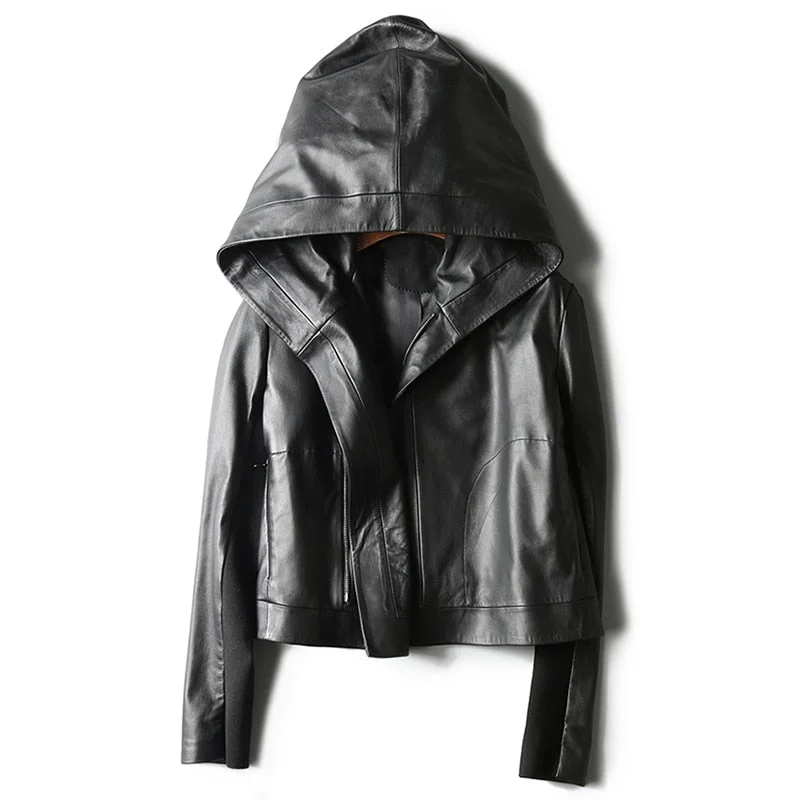 GENUINE LEATHER Big Hood Crop Jacket Streetwear Bomber Jacket
