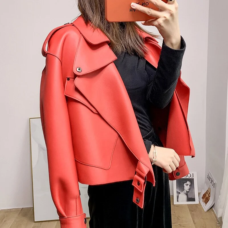 Genuine Leather Turn Down Collar Moto Jackets Modern Asymmetric Coat