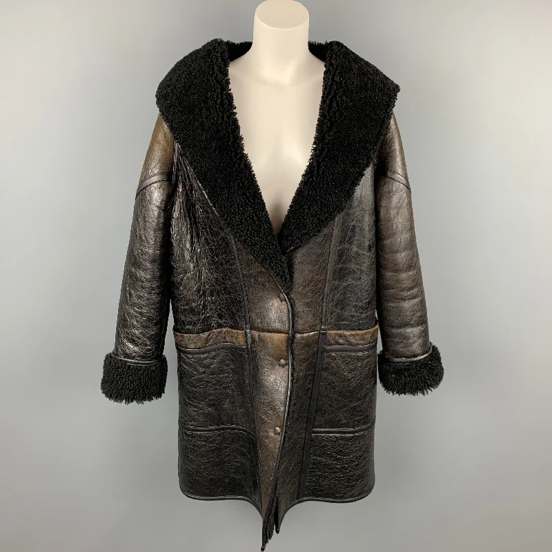 GOLDEN GOOSE Size S Dark Brown Crackled Leather Shearling Hooded Oversized Coat Bodycon Sheath Shift GOLDEN GOOSE Size S Dark Brown Crackled Leather Shearling Hooded Oversized Coat Bodycon Sheath Shift
