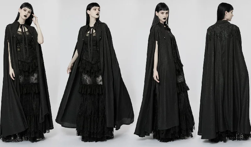 Goth Mystery Walker Lace Applique Chiffon Lapel Cloak Hooded Jacket Caped Jacket Shawl Collar Jacket