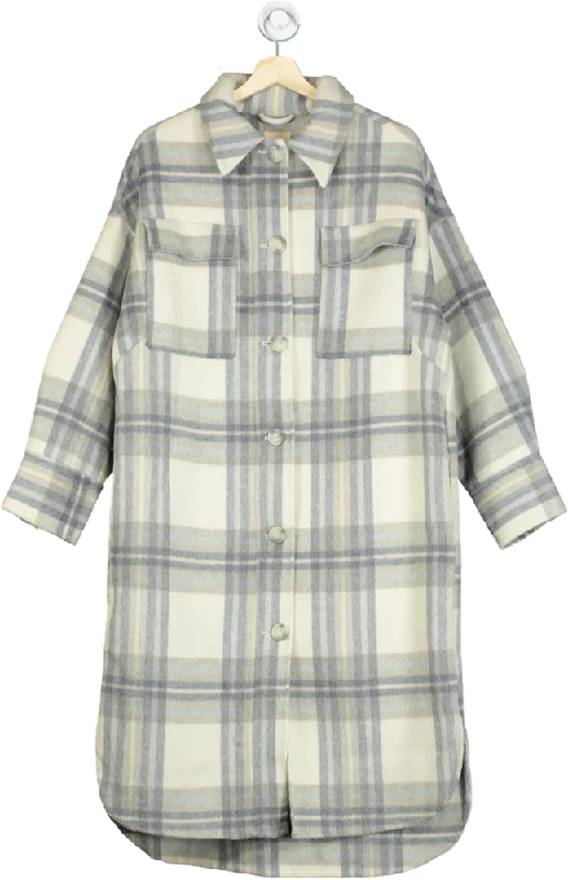 H&M Blue/White Plaid Wool-Blend Long Coat XS Lightweight Utility Jacket