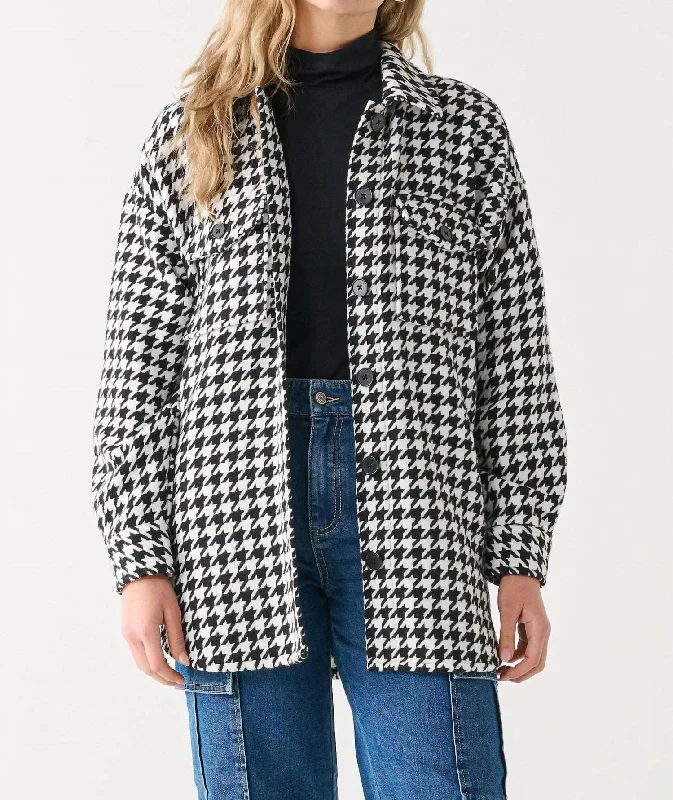 Houndstooth Button-Up Shacket In Black/white Trench Coat Raincoat Waterproof Jacket