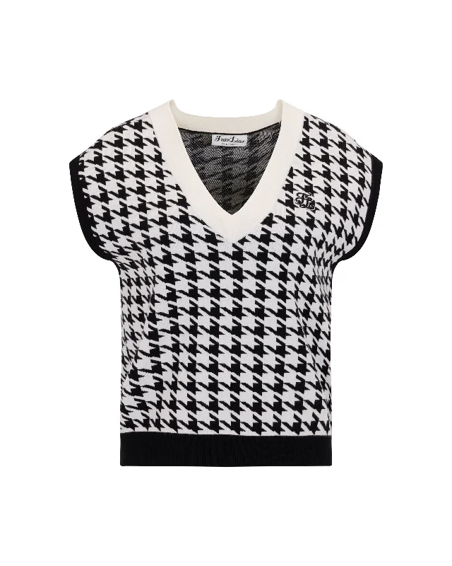 Houndstooth Checkered Knit Vest - Black Luxe Satin Long Coat