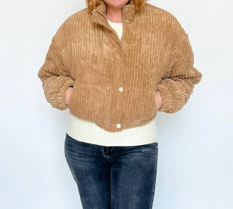 It's Giving Toasty Corduroy Puffer Jacket In Taupe Herringbone Jacket Checkered Jacket Solid Jacket