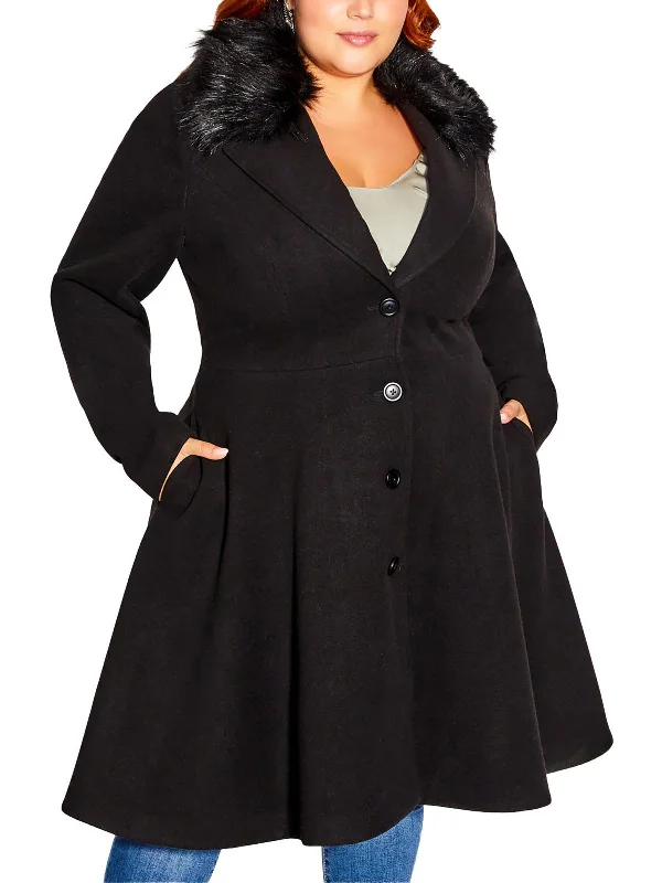 Jocelyn Womens Faux Fur Trim Polyester Overcoat Notch Collar Jacket Peter Pan Collar Jacket Cowl Neck Jacket