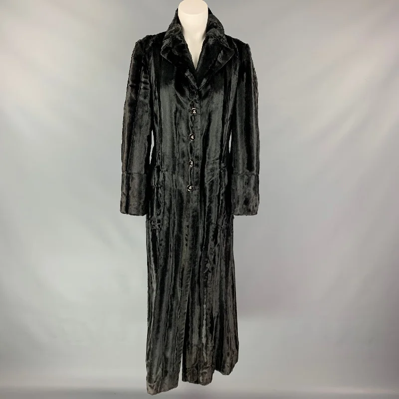 JUST CAVALLI Size 10 Black Textured Acetate Blend Faux Fur Coat Tie-Waist Belted Drawstring JUST CAVALLI Size 10 Black Textured Acetate Blend Faux Fur Coat Tie-Waist Belted Drawstring