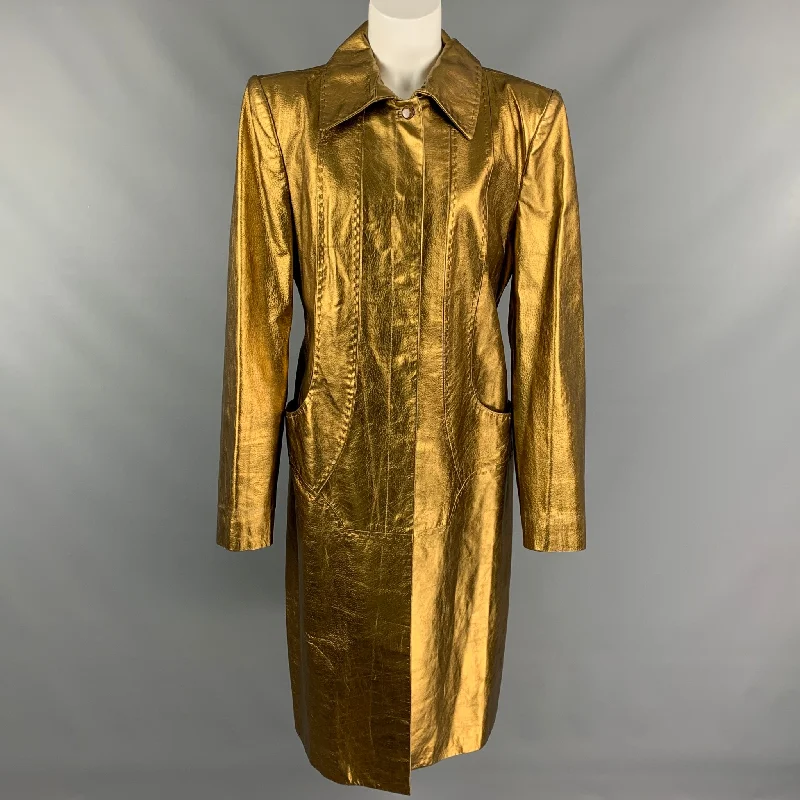 JUST CAVALLI Size 8 Bronze Metallic Leather Long Coat Suede Jacket Faux Fur Jacket Puffer Jacket