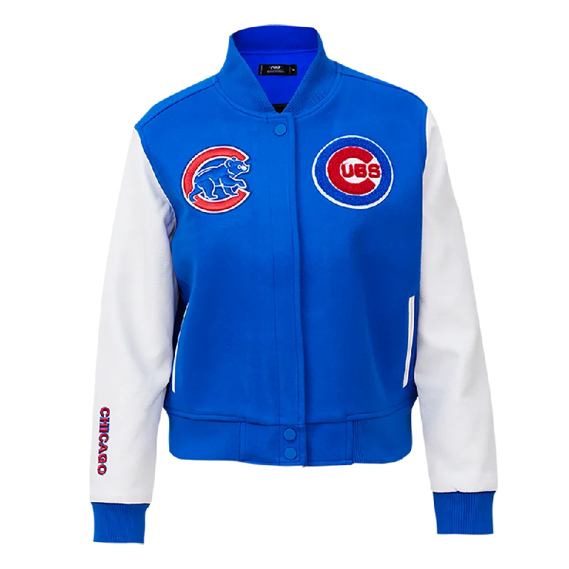 MLB CHICAGO CUBS CLASSIC WOMEN'S WOOL VARSITY JACKET (ROYAL BLUE/WHITE) Puff Shoulder Coat MLB CHICAGO CUBS CLASSIC WOMEN'S WOOL VARSITY JACKET (ROYAL BLUE/WHITE) Puff Shoulder Coat