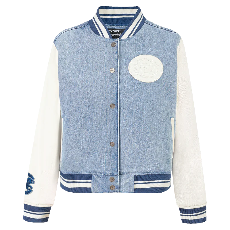 MLB CHICAGO CUBS VARSITY BLUES WOMEN'S DENIM VARSITY JACKET (DENIM/LINEN) Long Hooded Anorak MLB CHICAGO CUBS VARSITY BLUES WOMEN'S DENIM VARSITY JACKET (DENIM/LINEN) Long Hooded Anorak