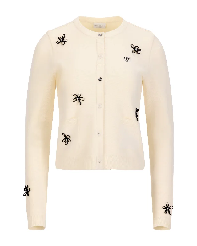 Leather flower trimmed cardigan - Cream Classic Riding Jacket