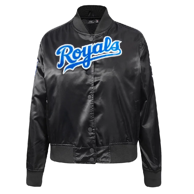 MLB KANSAS CITY ROYALS CLASSIC WOMEN'S SATIN JACKET (BLACK) Belted Crossover Blazer