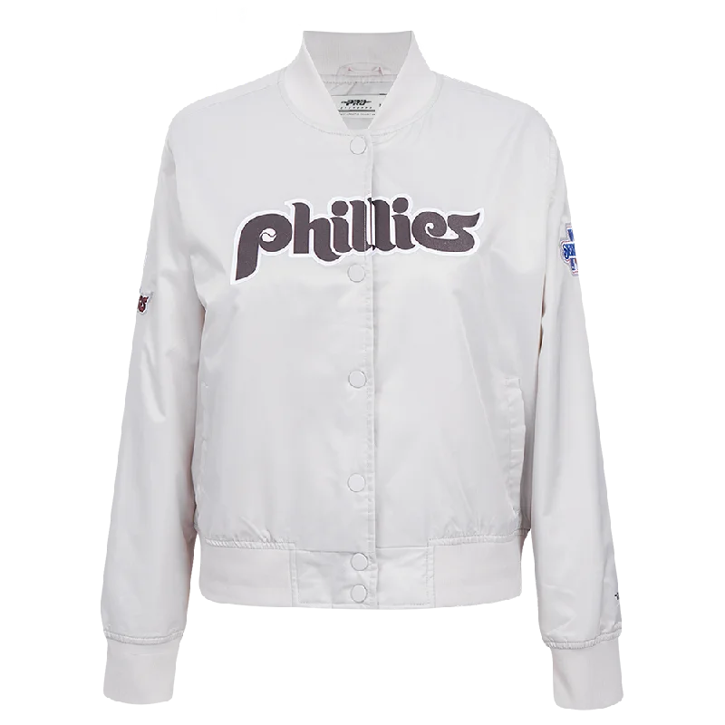 MLB PHILADELPHIA PHILLIES RETRO CLASSIC WOMEN'S SATIN JACKET (SILVER) Functional Travel Jacket MLB PHILADELPHIA PHILLIES RETRO CLASSIC WOMEN'S SATIN JACKET (SILVER) Functional Travel Jacket
