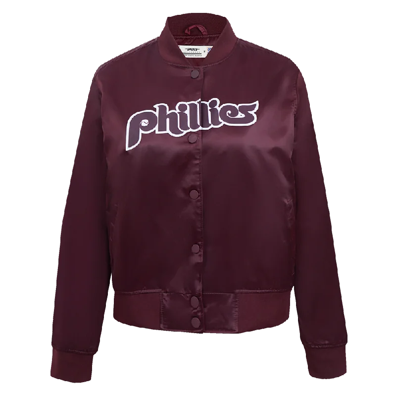 MLB PHILADELPHIA PHILLIES RETRO CLASSIC WOMEN'S SATIN JACKET (WINE) High-Collar Puffer Coat
