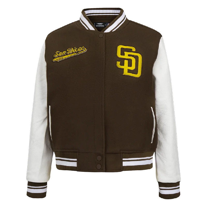 MLB SAN DIEGO PADRES SCRIPT TAIL WOMEN'S WOOL VARSITY JACKET (BROWN/WHITE) Fur-Lined Aviator Coat
