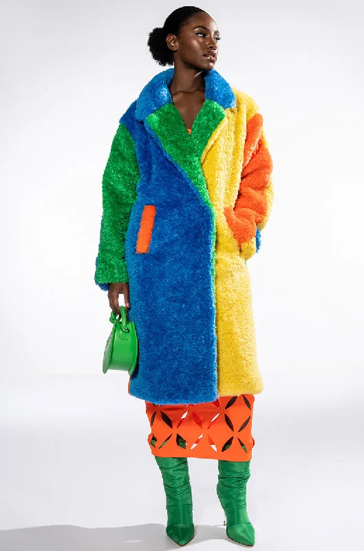 MULTI COLOR BLOCK RAINBOW TEDDY FAUX FUR COAT Welt Pockets Slit Pockets Flap Pockets