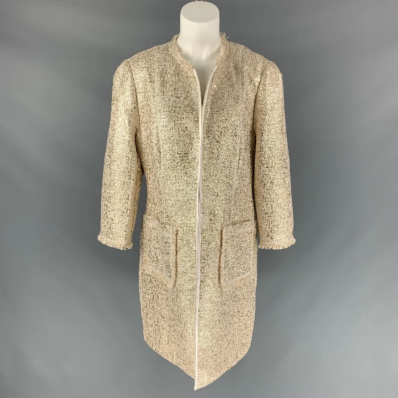 NEIMAN MARCUS Size L Gold & Cream Polyester Blend Tweed Coat Houndstooth Jacket Shearling Jacket Fleece Jacket NEIMAN MARCUS Size L Gold & Cream Polyester Blend Tweed Coat Houndstooth Jacket Shearling Jacket Fleece Jacket