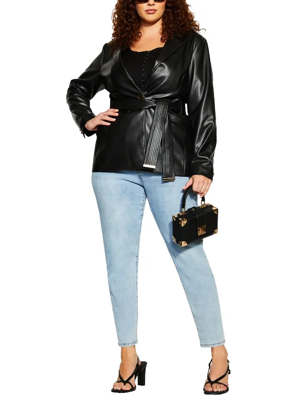 Plus Christina Womens Collar Faux Leather Soft Shell Jacket Wool Fabric Cashmere Fabric Tweed Fabric