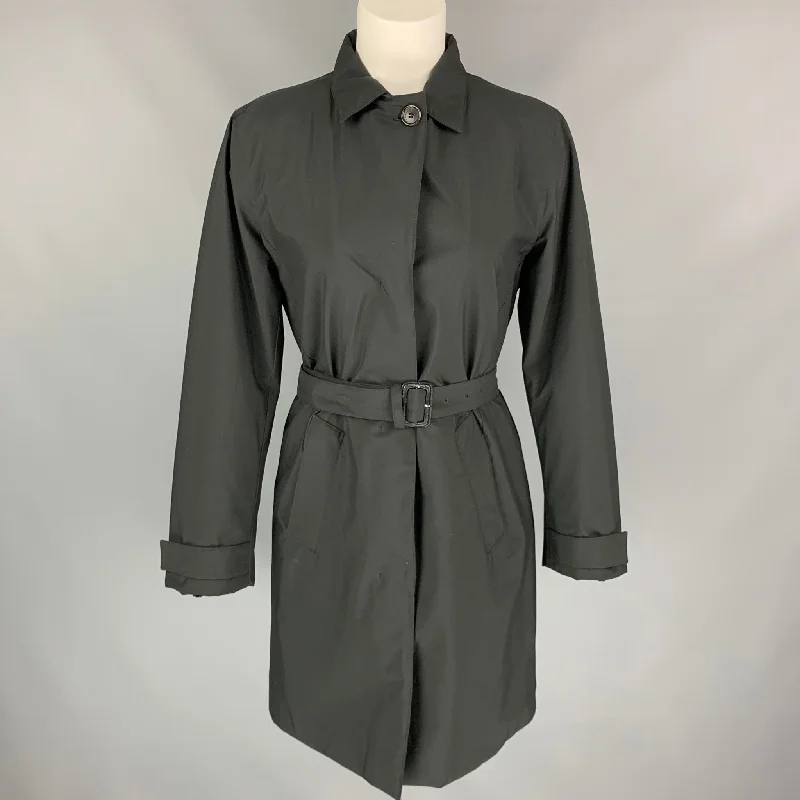 PRADA Size 4 Black Polyester Belted Coat Peter Pan Collar Cowl Neck Turtleneck