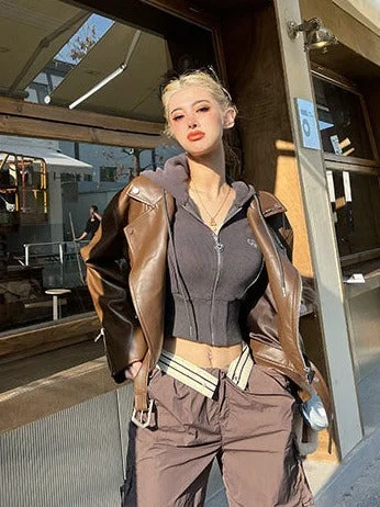 PrettyDragon brown vintage short leather jacket biker long sleeve jacket vintage short tops female Oversized Teddy Coat