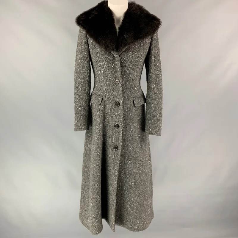 RALPH LAUREN Black Label Size 4 Grey Heather Herringbone Wool / Cashmere Fur Collar Coat Bodycon Sheath Shift RALPH LAUREN Black Label Size 4 Grey Heather Herringbone Wool / Cashmere Fur Collar Coat Bodycon Sheath Shift