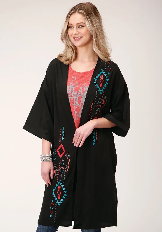 Roper Womens Black Polyester Southwestern Kimono Cardigan Minimalist Wool Duster