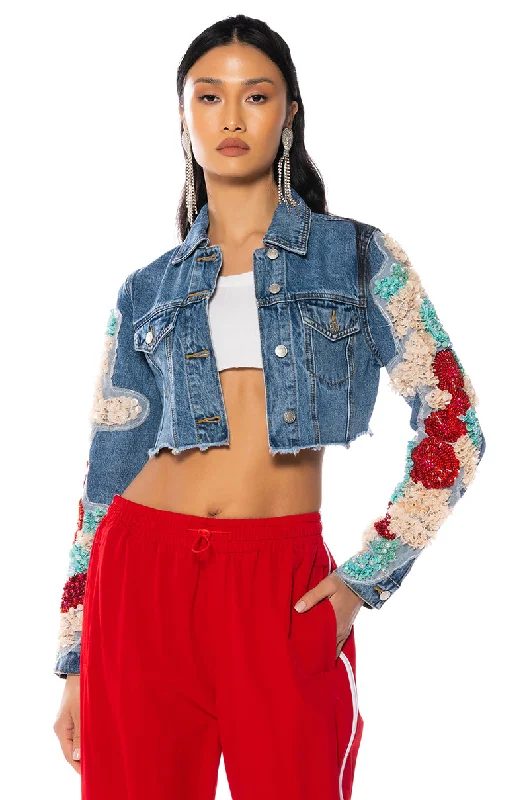 SHOW OFF APPLIQUE DENIM JACKET Faux Fur Jacket Real Fur Jacket Shearling Jacket